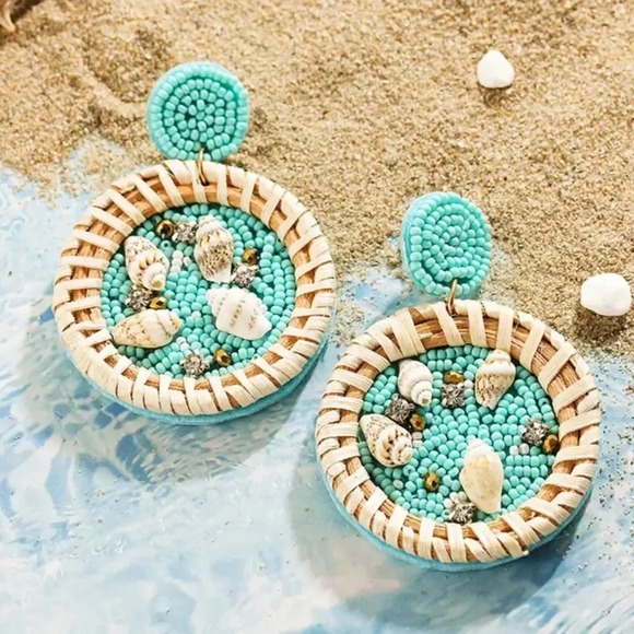 Anthropologie Beach Circle Seashell Rattan Earrings Brand New - Picture 4 of 10
